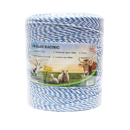 Rola fir alb-albastru 3mm insertie metalica 3x0.2mm ss, rezistenta 7.8 ohm/m, 1000m gard electric mezofarm - imagine 2