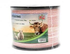 Rola banda rosu-alb 10mm insertie metalica 4x0.16mm ss, rezistenta 13 ohm/m, 250m gard electric mezofarm