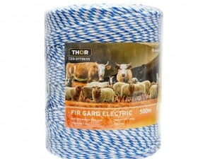 Rola fir alb-albastru fi 3mm insertie metalica 3x0.2mm ss, rezistenta 7.8 ohm/m, 500m gard electric thor